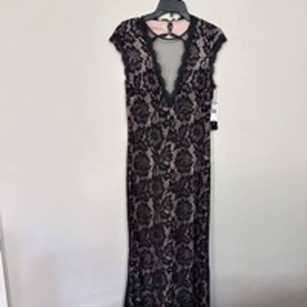 Betsy & Adam Black Lace Overlay Evening Dress